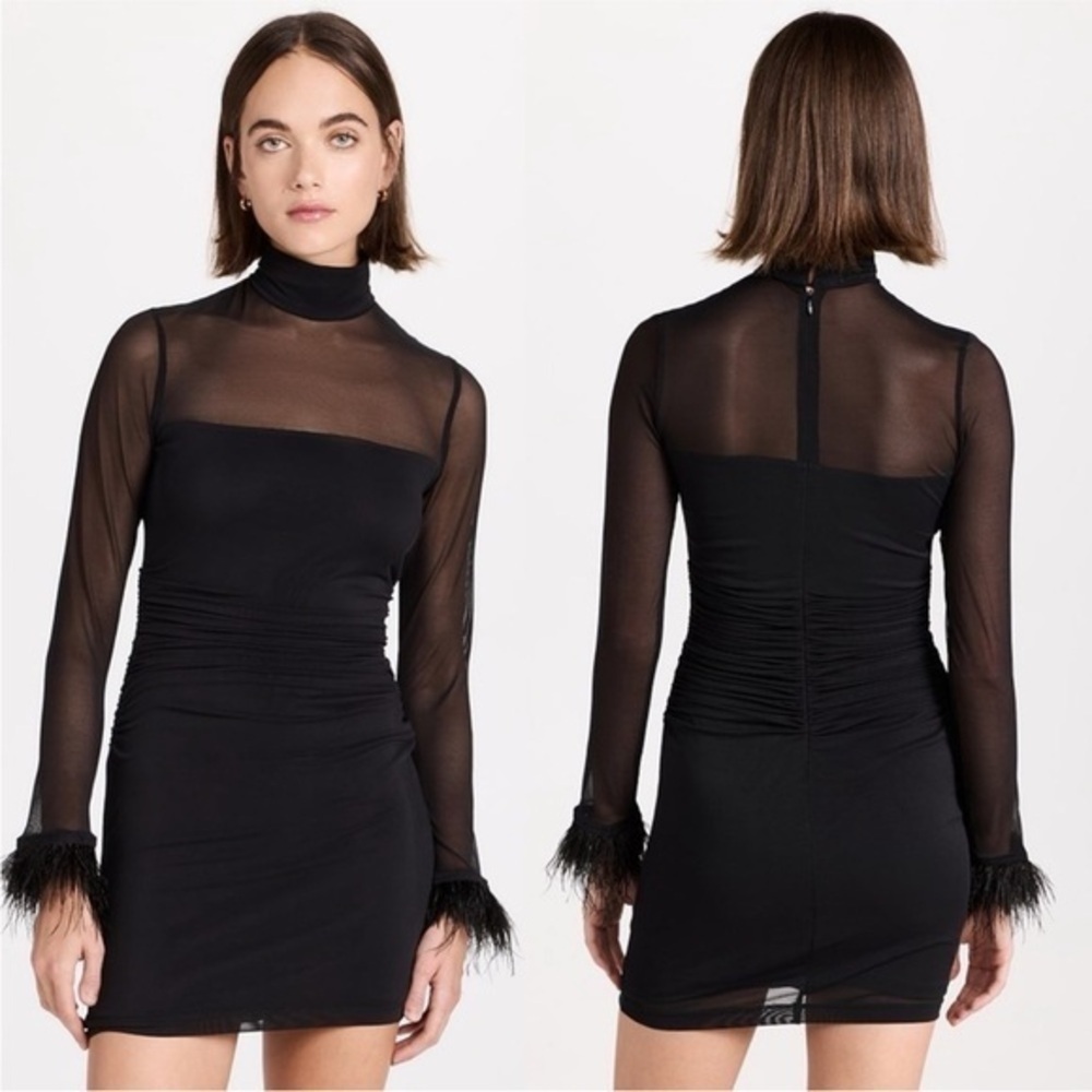 Amanda Uprichard Vixen Mesh Ostrich Feather Cuff Black Mini Dress XS
